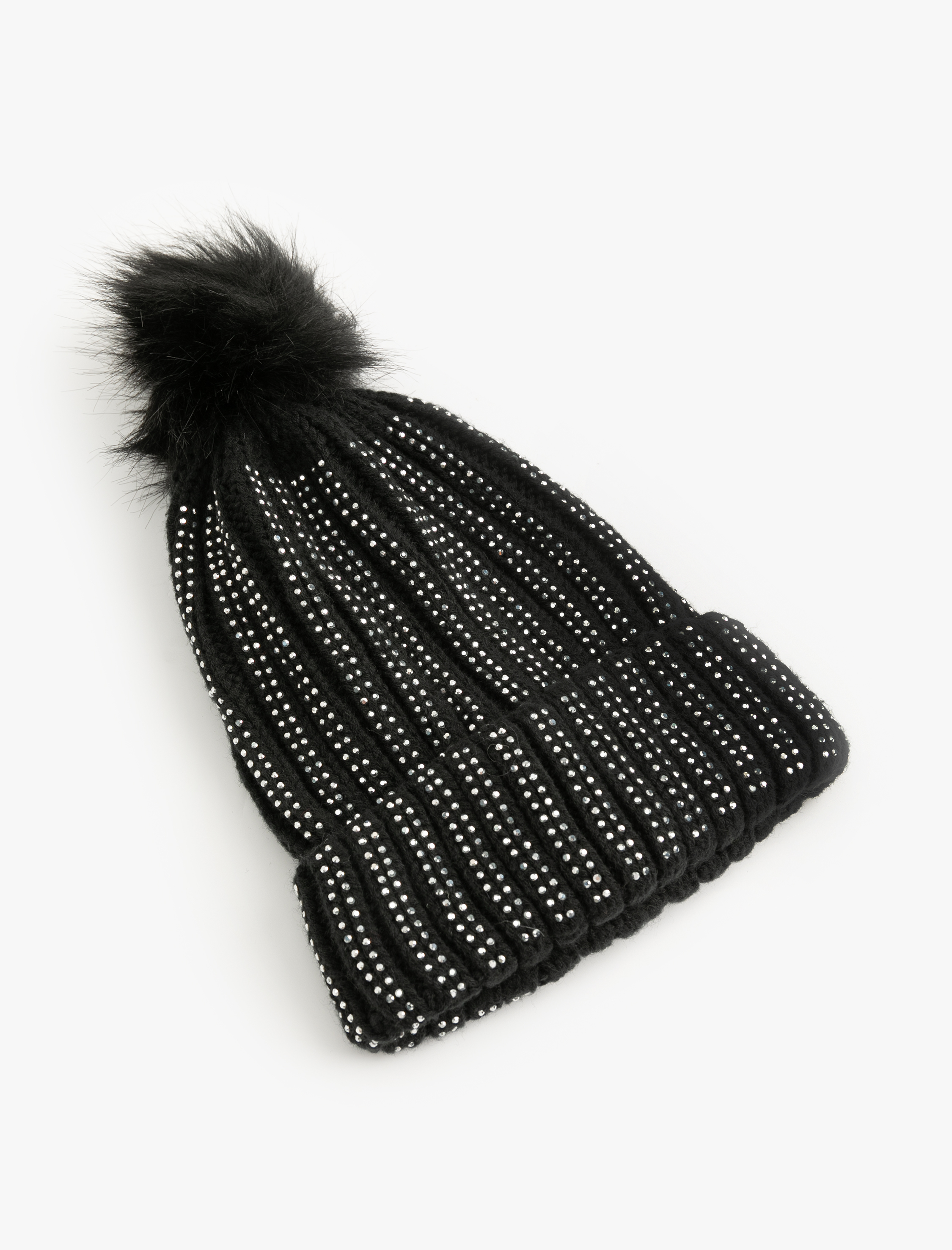  Kadın Suni Peluş Detaylı Taşlı Triko Bere