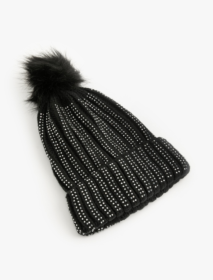 Kadın Suni Peluş Detaylı Taşlı Triko Bere