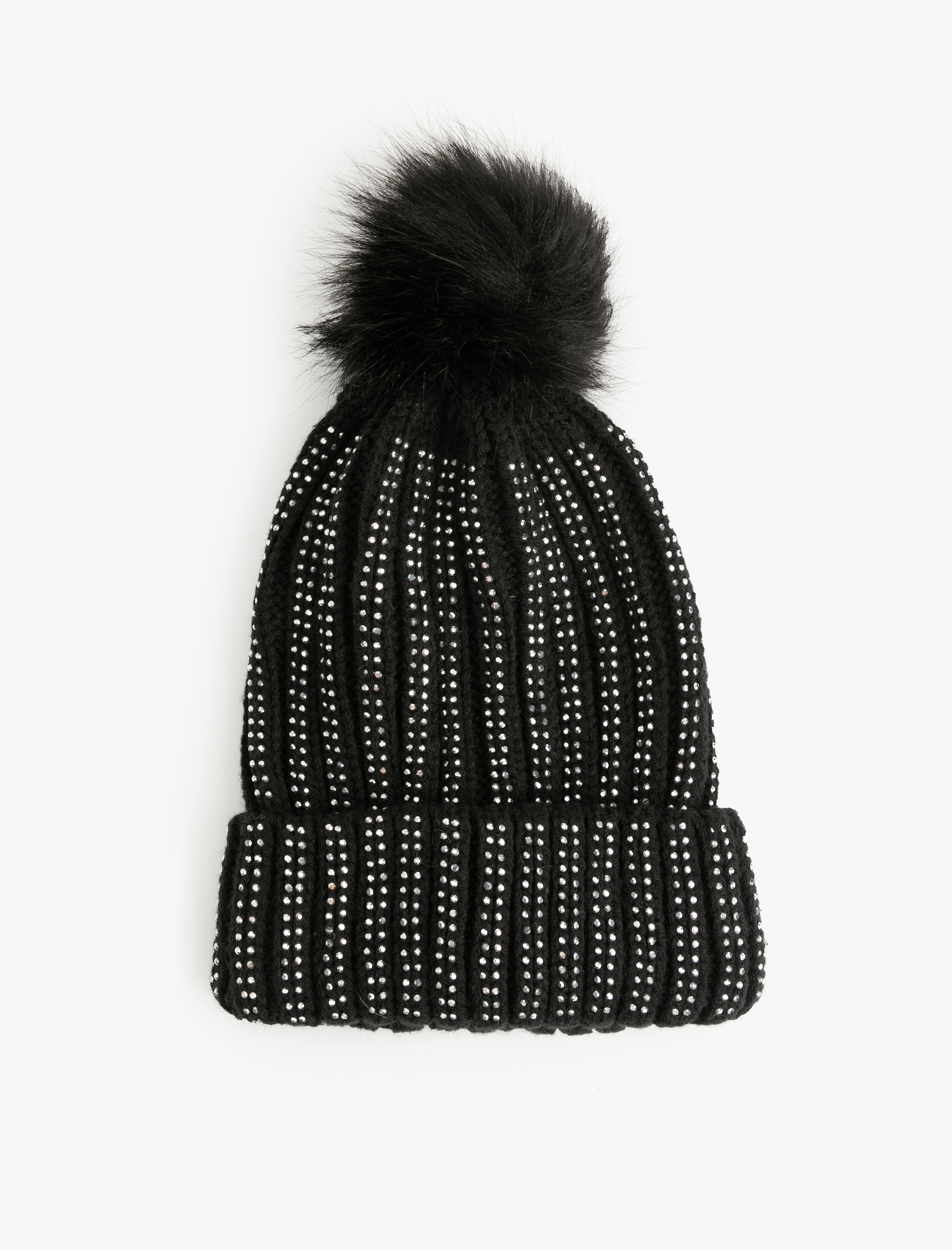  Kadın Suni Peluş Detaylı Taşlı Triko Bere