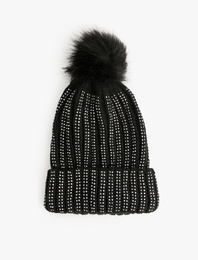 Suni Peluş Detaylı Taşlı Triko Bere