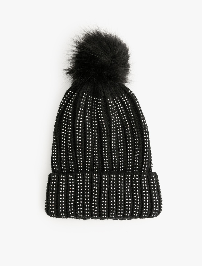 Kadın Suni Peluş Detaylı Taşlı Triko Bere