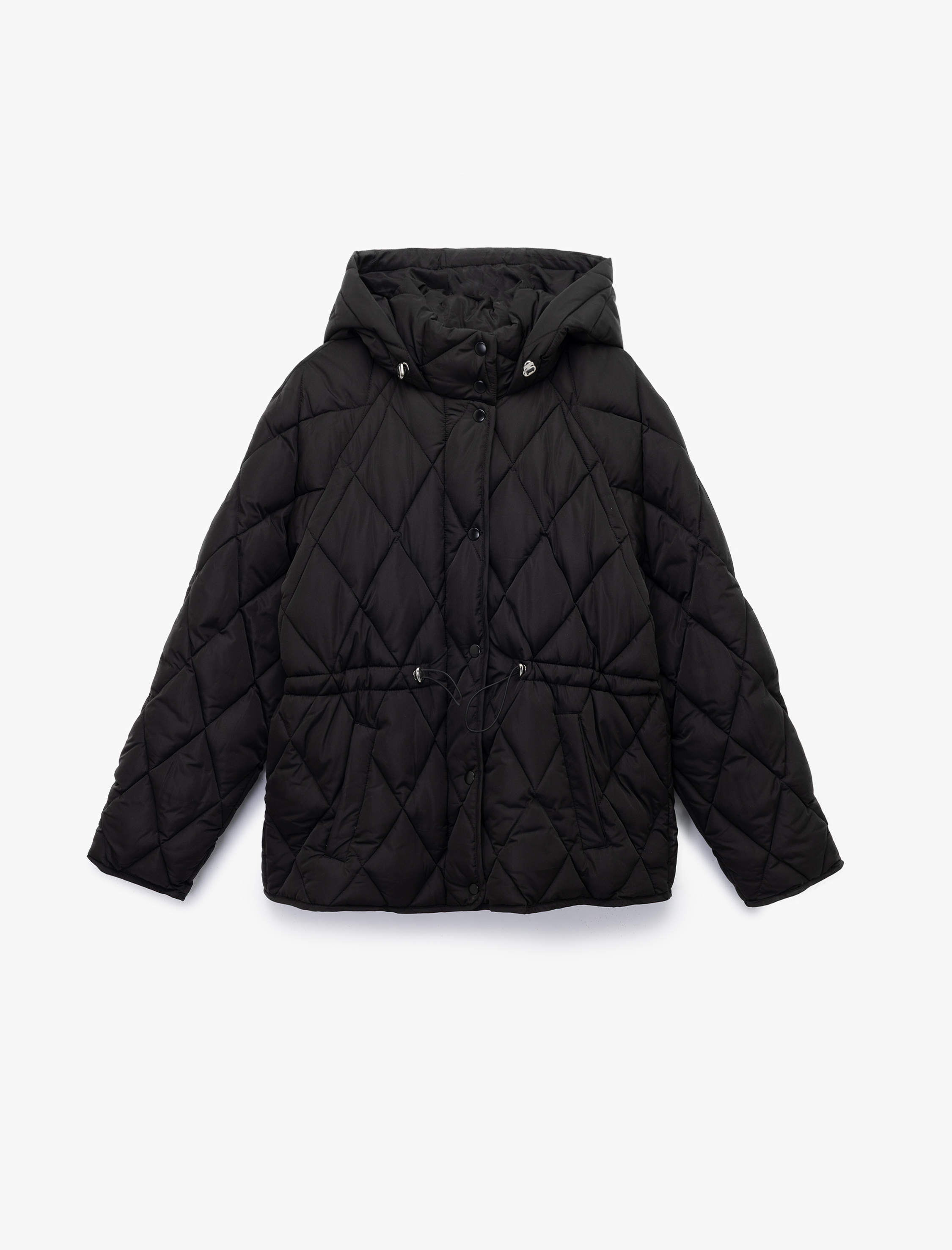   Beli Bağcıklı Uzun Kollu Cepli Su İtici Kapüşonlu Kapitone Şişme Mont