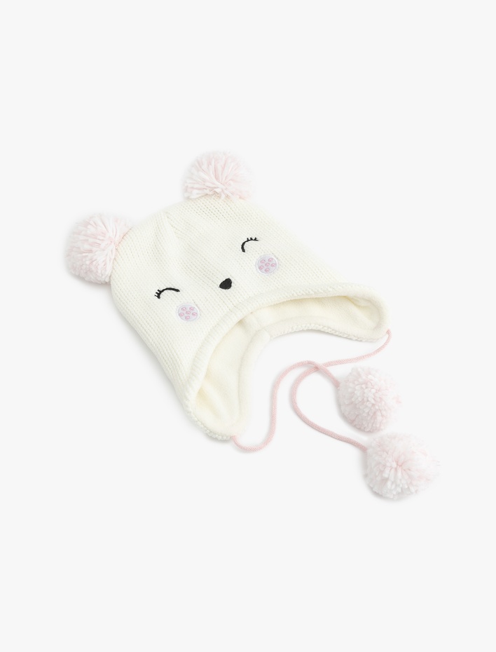 Kız Çocuk Ponponlu Nakış Detaylı Kedi Figürlü Örgü Bere