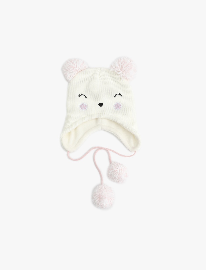 Kız Çocuk Ponponlu Nakış Detaylı Kedi Figürlü Örgü Bere