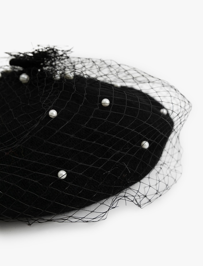 Kadın Tül ve Boncuk Detaylı Ressam Şapka