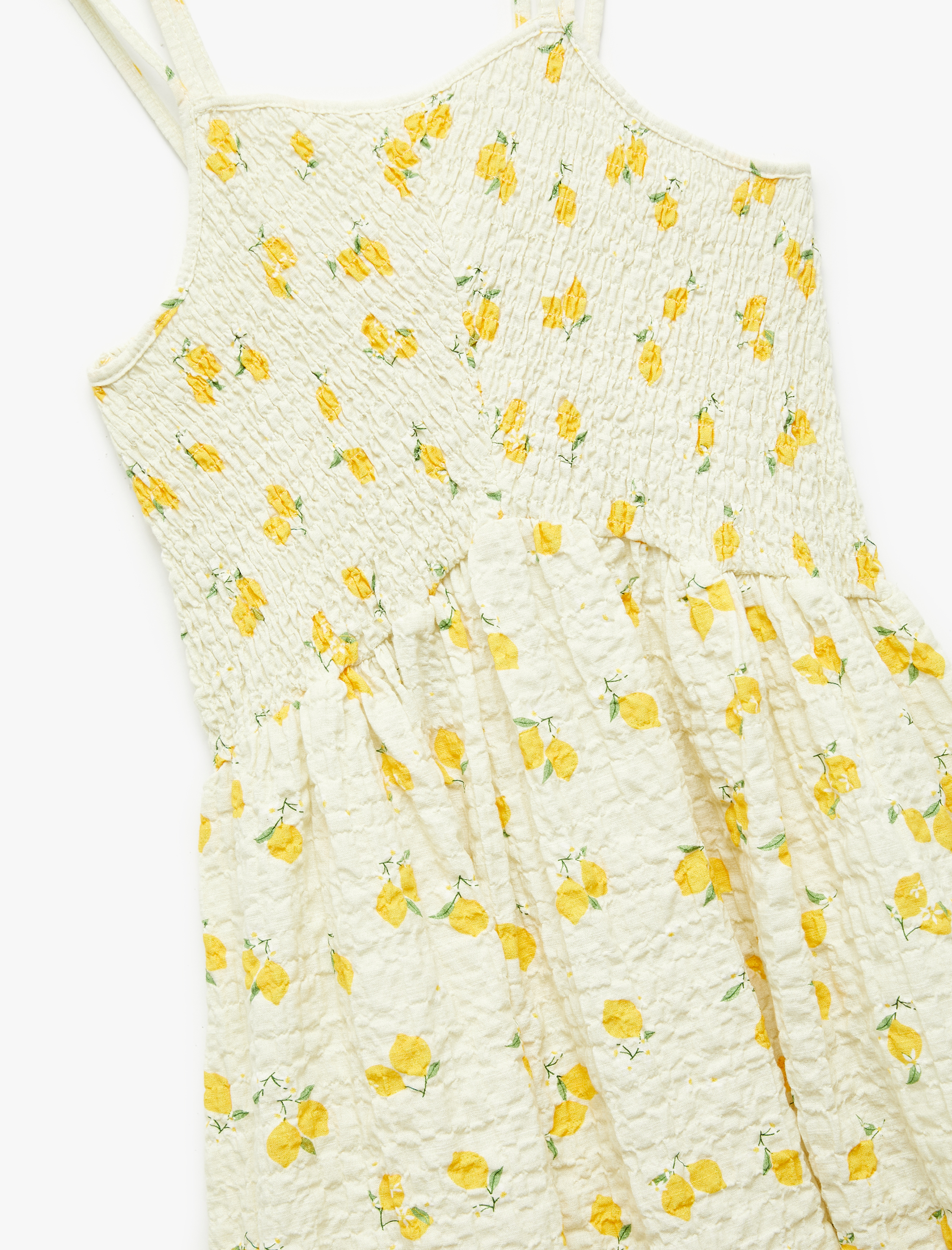  Kız Çocuk Pamuklu Gipe Detaylı Limon Desenli Askılı Elbise