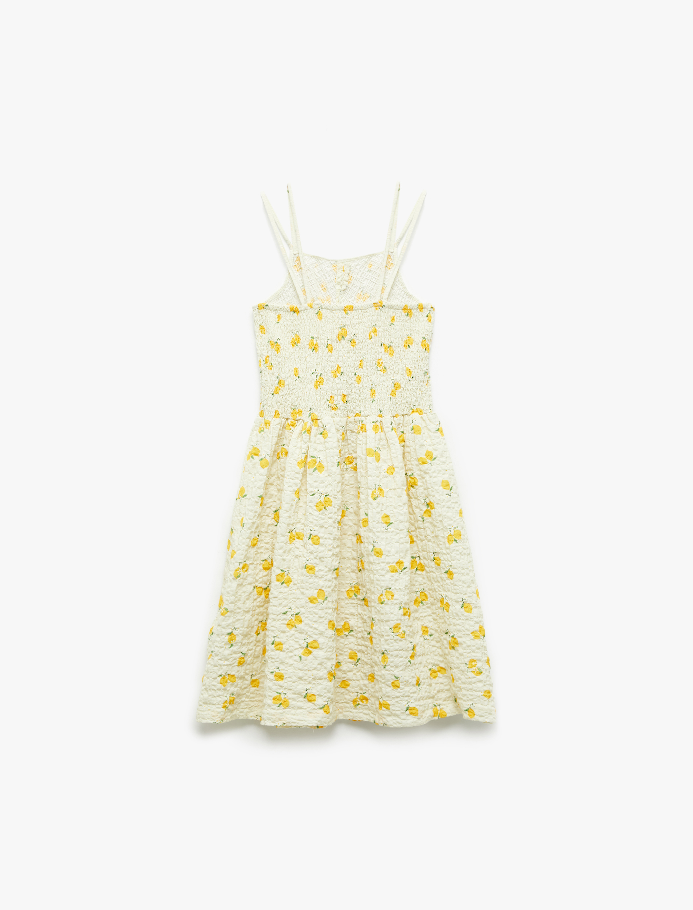  Kız Çocuk Pamuklu Gipe Detaylı Limon Desenli Askılı Elbise