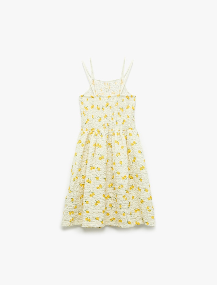 Kız Çocuk Pamuklu Gipe Detaylı Limon Desenli Askılı Elbise