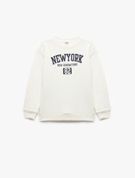 Oversize Uzun Kollu Bisiklet Yaka Şardonlu Baskılı Sweatshirt