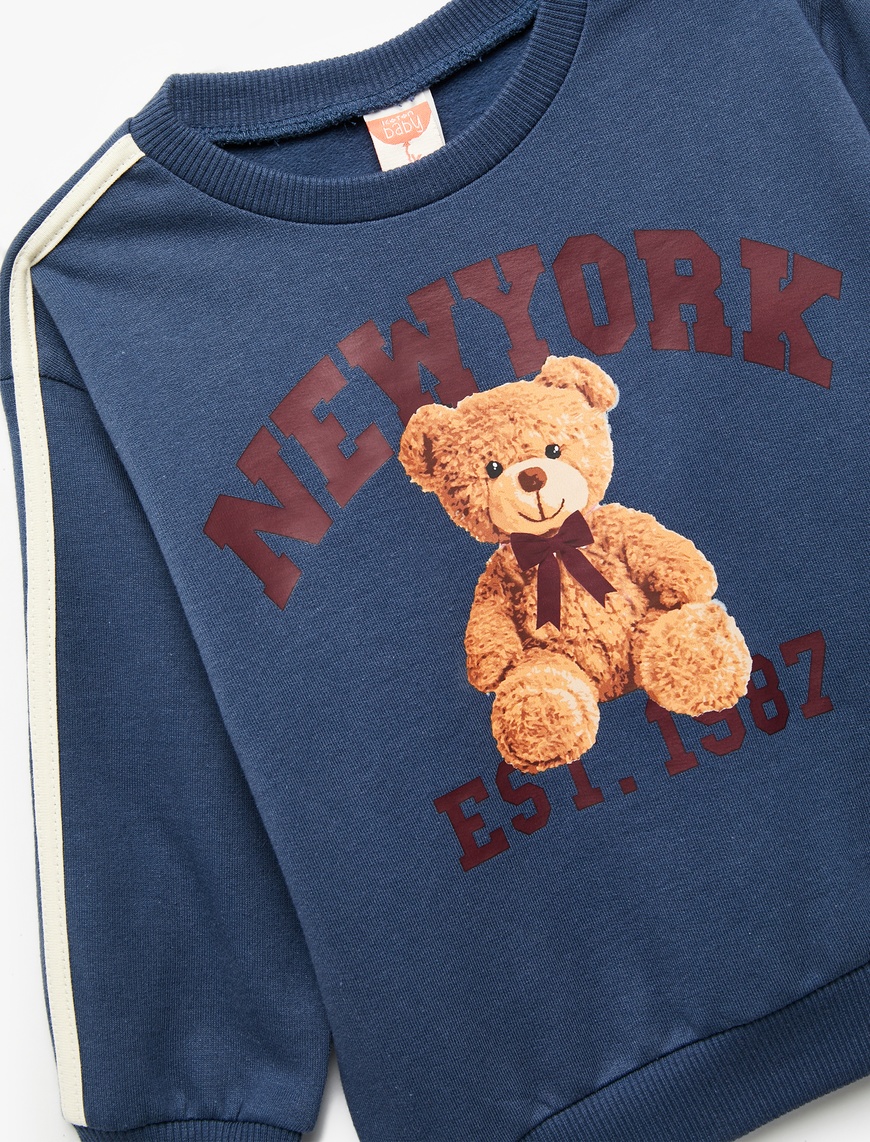  Kız Bebek Şardonlu Uzun Kollu Ayıcık Baskılı Bisiklet Yaka Sweatshirt