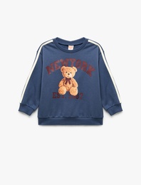 Şardonlu Uzun Kollu Ayıcık Baskılı Bisiklet Yaka Sweatshirt