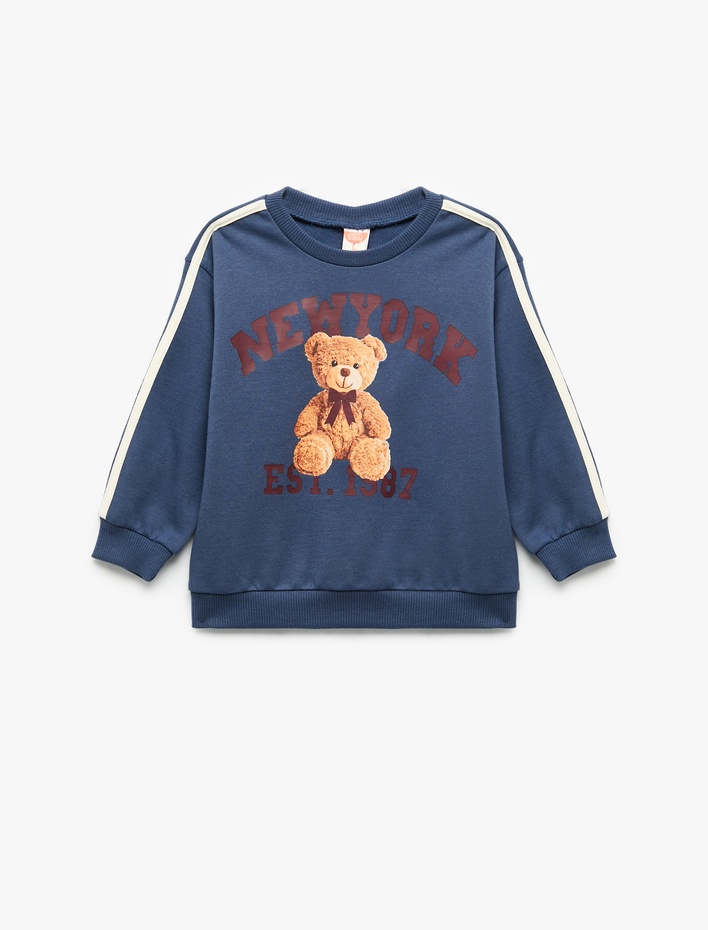 Kız Bebek Şardonlu Uzun Kollu Ayıcık Baskılı Bisiklet Yaka Sweatshirt
