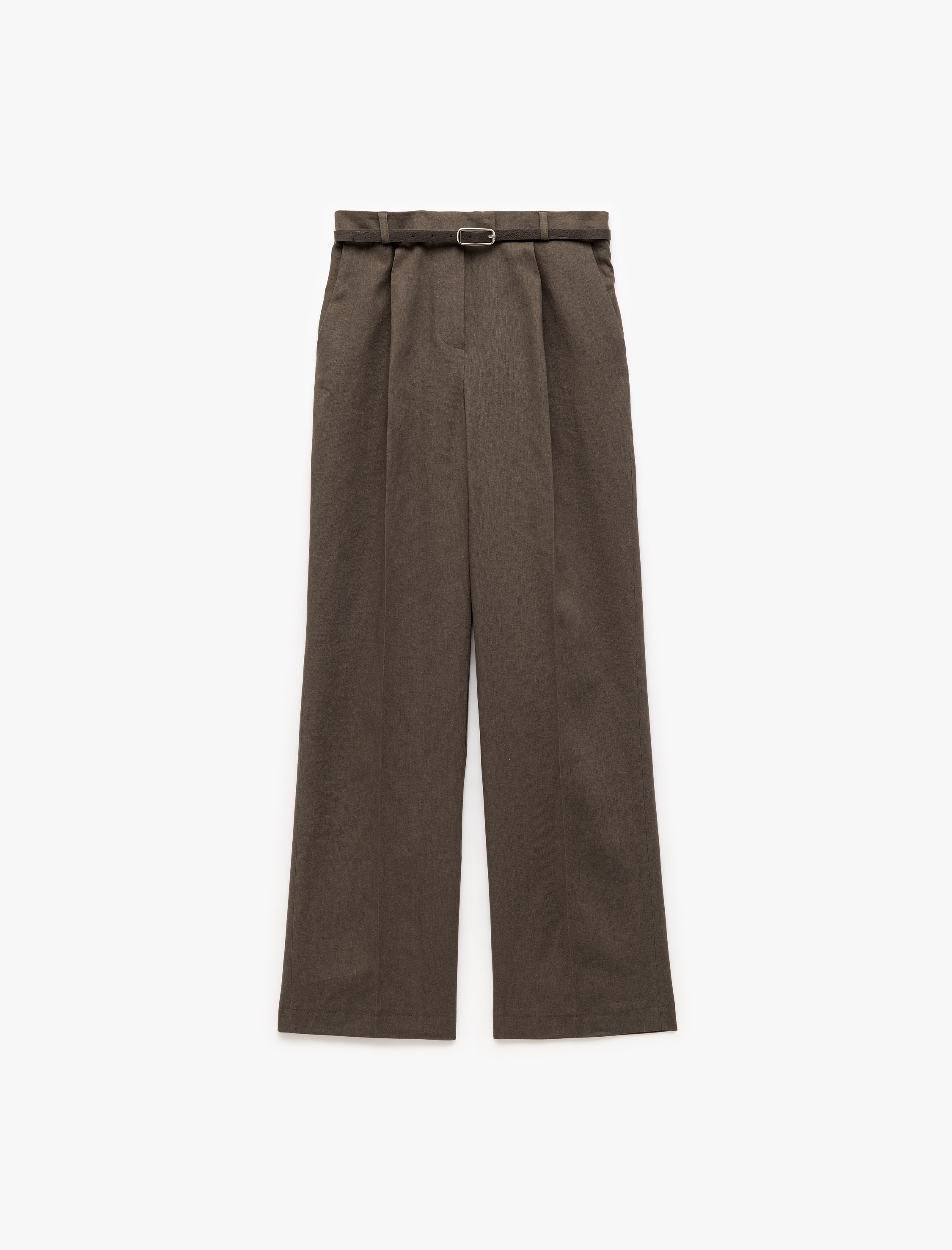   Kemerli Pile Detaylı Cepli Yüksek Bel Keten Palazzo Pantolon