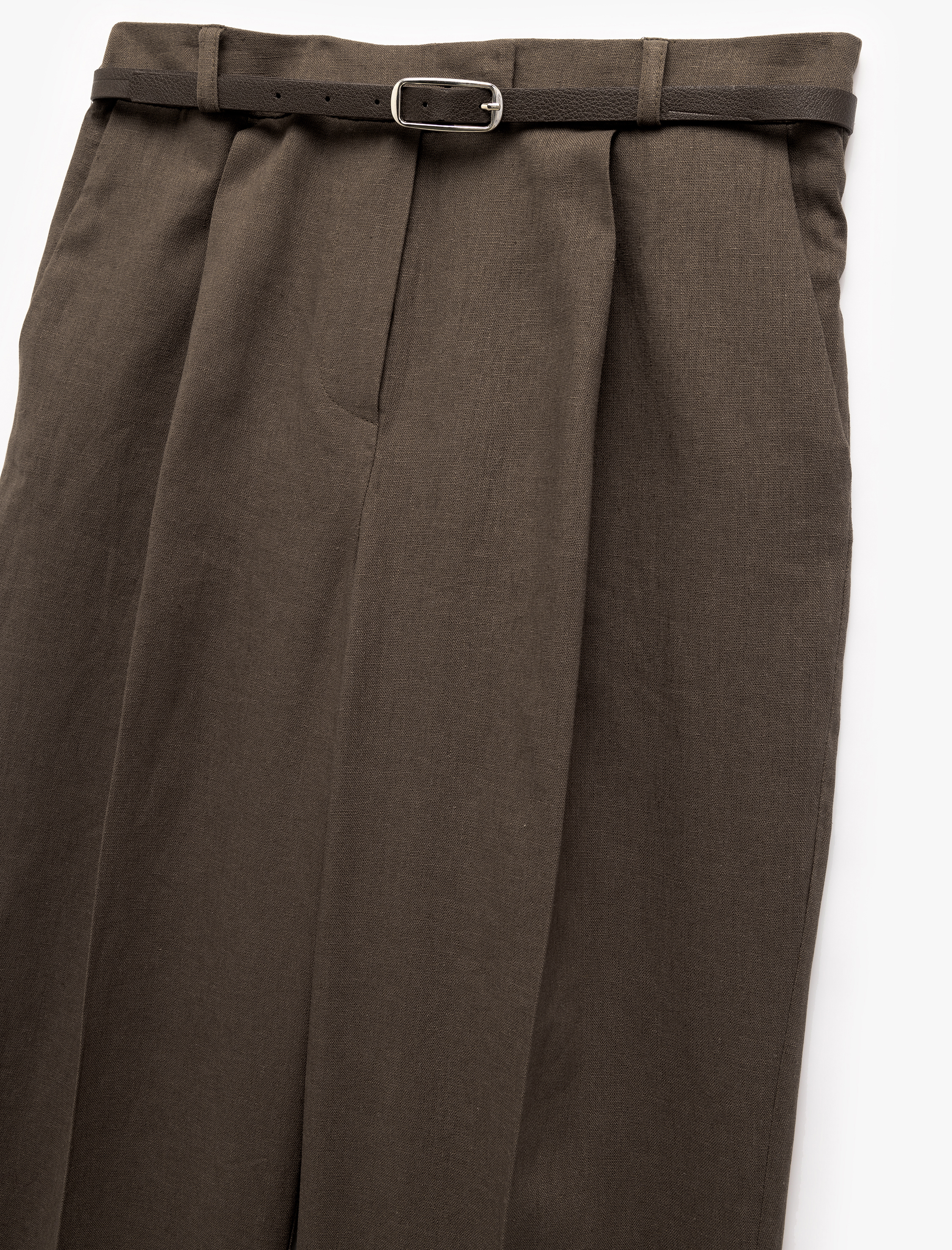   Kemerli Pile Detaylı Cepli Yüksek Bel Keten Palazzo Pantolon