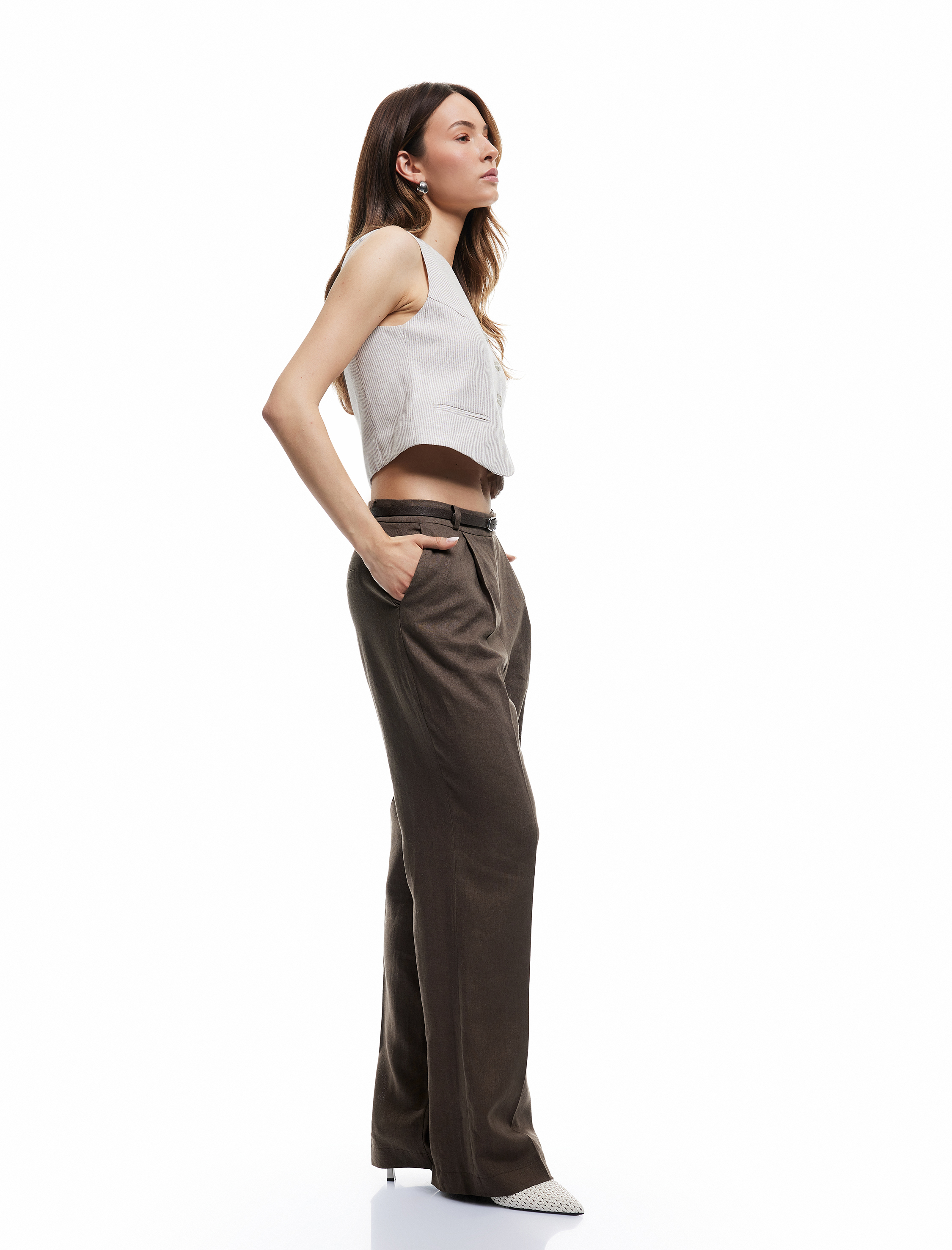   Kemerli Pile Detaylı Cepli Yüksek Bel Keten Palazzo Pantolon