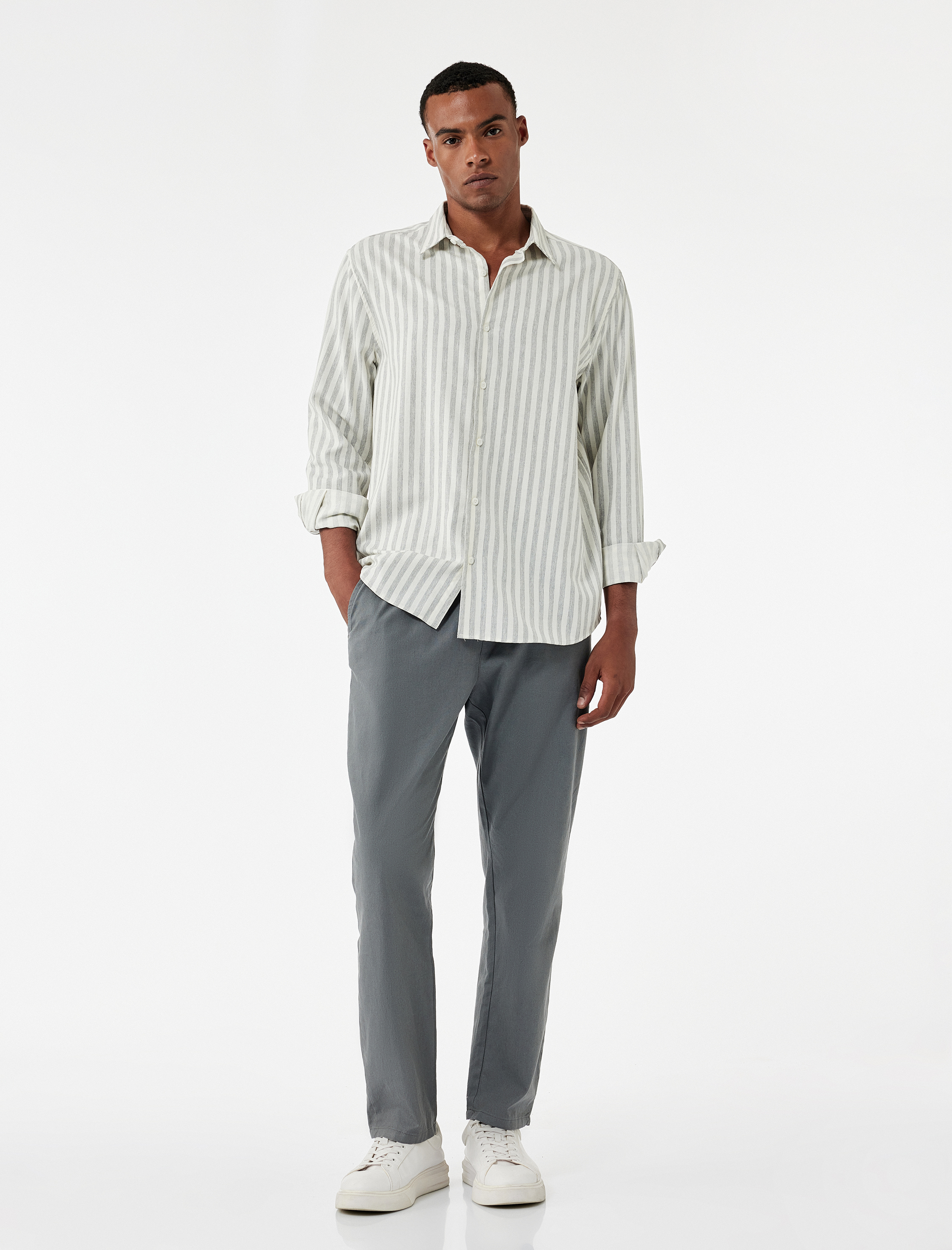   Beli Bağcıklı Cep Detaylı Keten Pamuk Karışımlı Pantolon