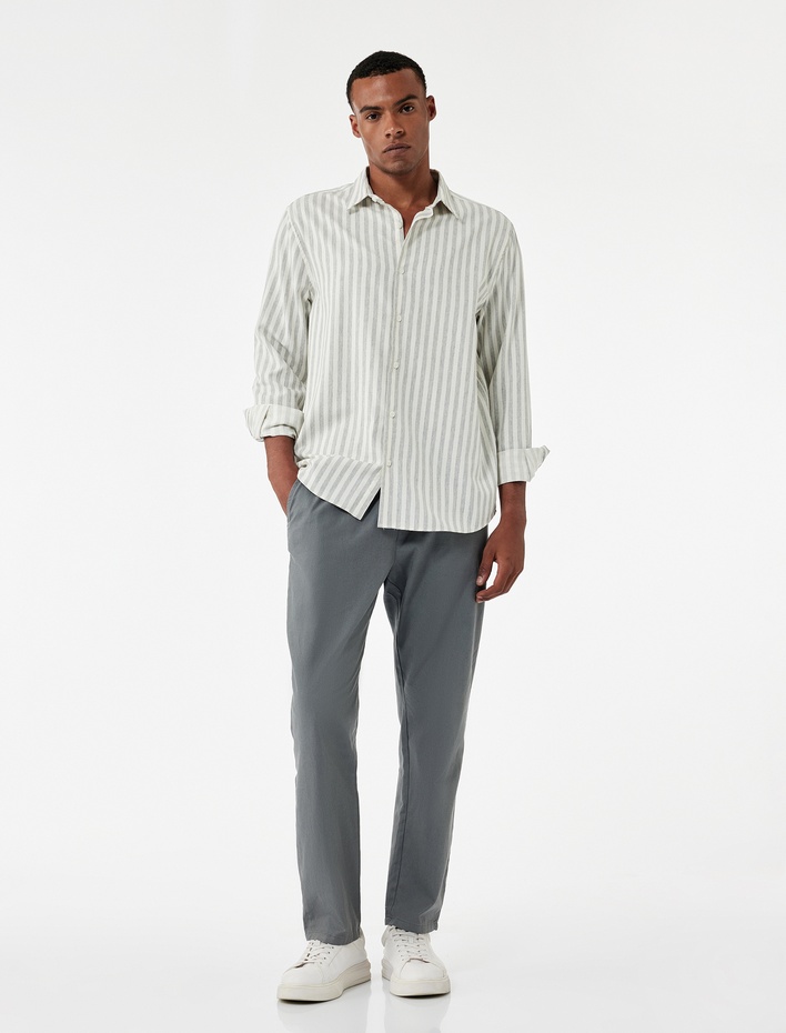  Beli Bağcıklı Cep Detaylı Keten Pamuk Karışımlı Pantolon