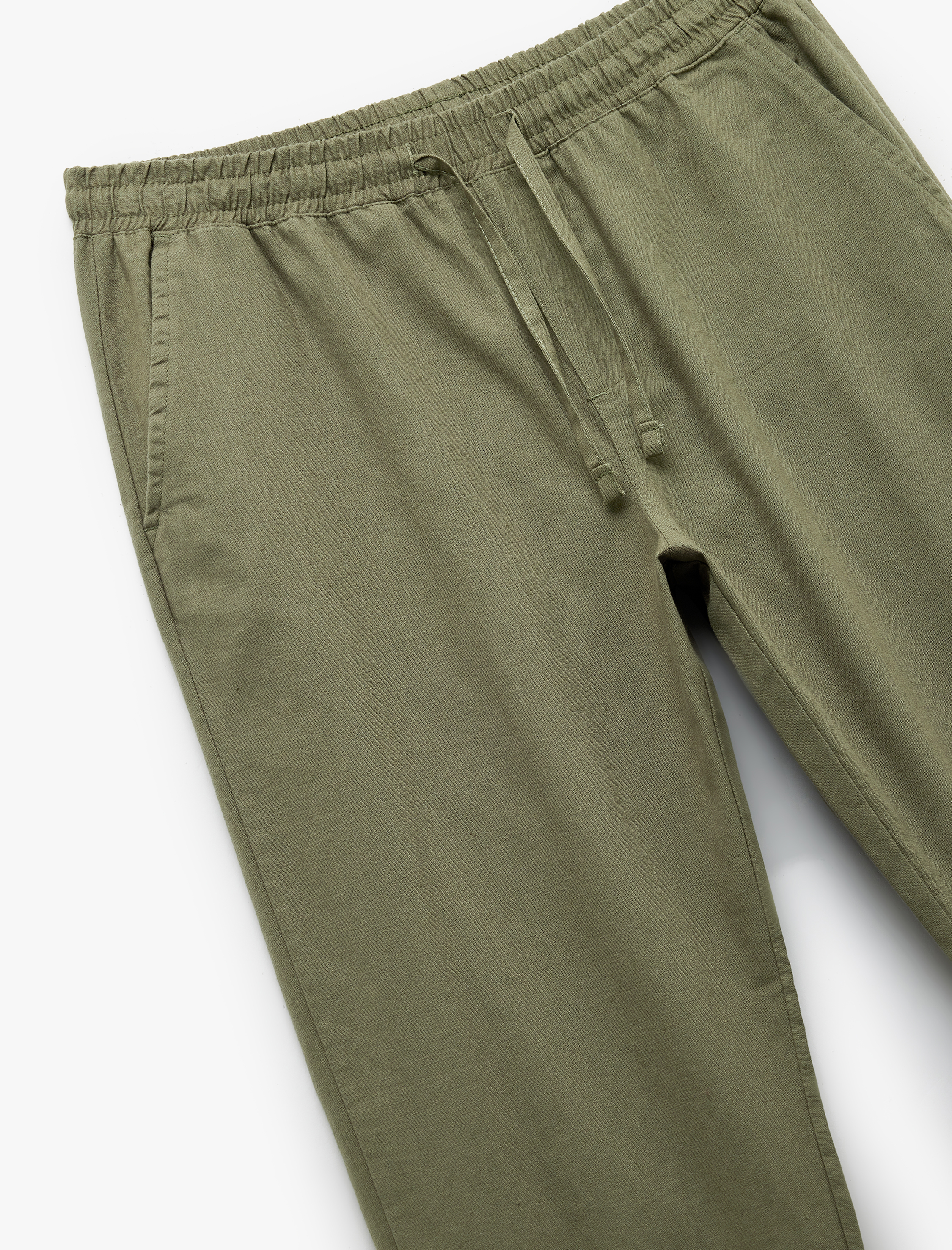   Beli Bağcıklı Cep Detaylı Keten Pamuk Karışımlı Pantolon