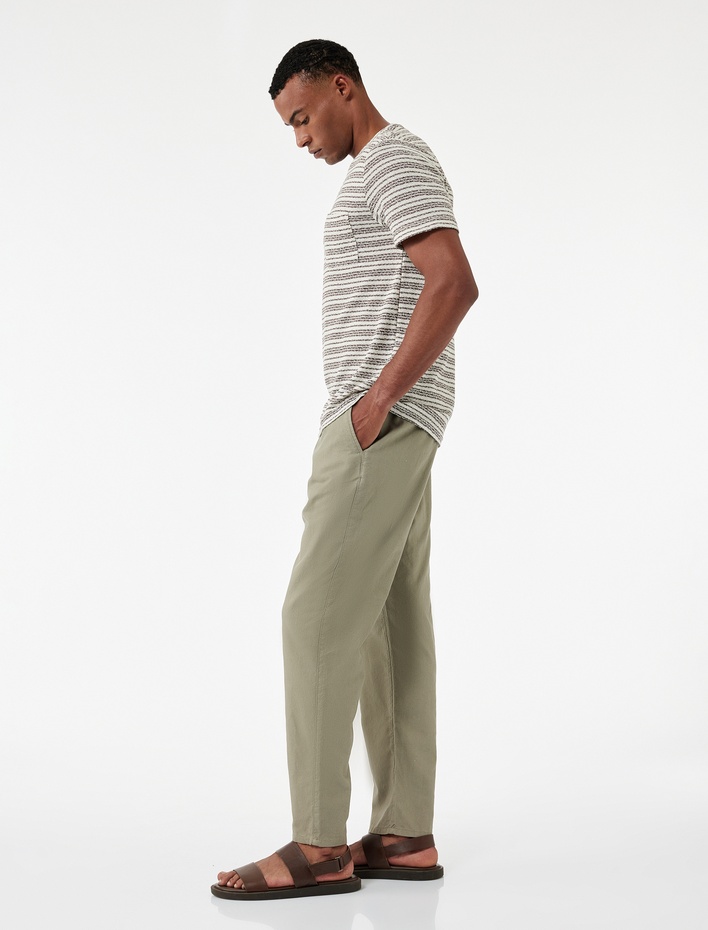  Cep Detaylı Keten Pamuk Karışımlı Beli Bağcıklı Pantolon