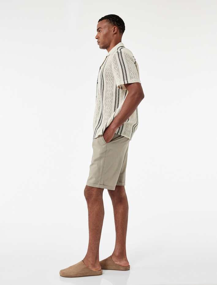  Pamuk Keten Karışımlı Beli Bağcıklı Bermuda Şort