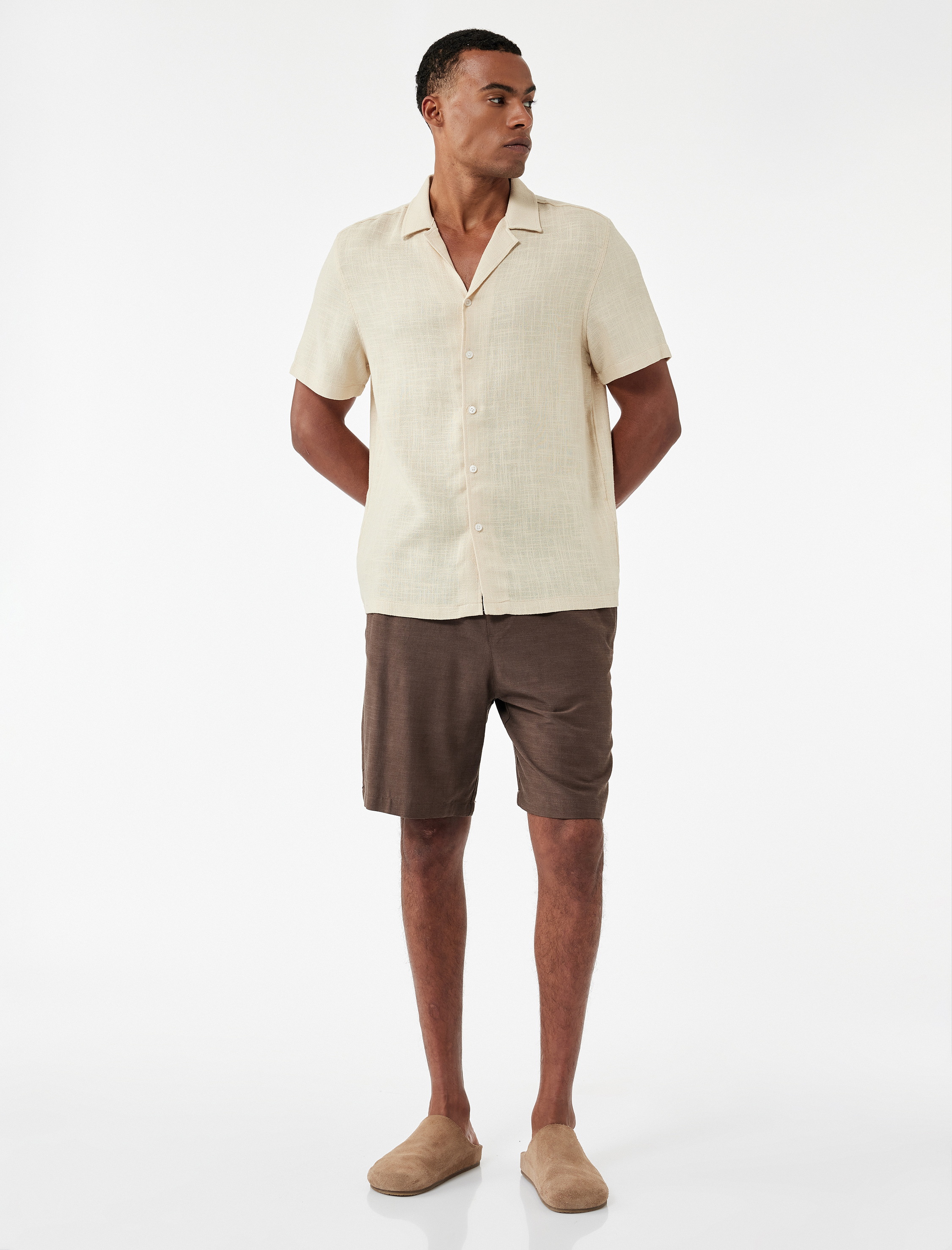 Regular Fit Kısa Kollu Havlu Kumaş Devrik Yaka Pamuklu Gömlek