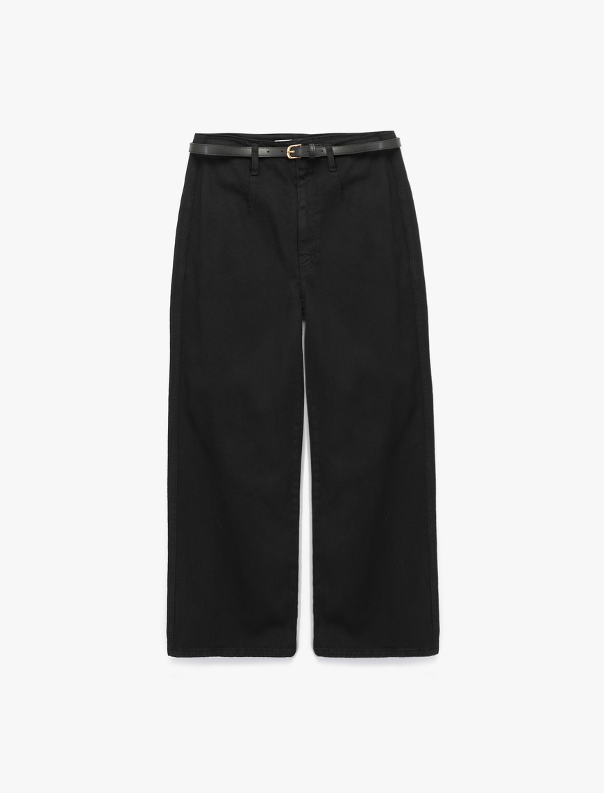   Pamuklu Geniş Paça Kemerli Crop Pantolon - Wide Leg Jeans