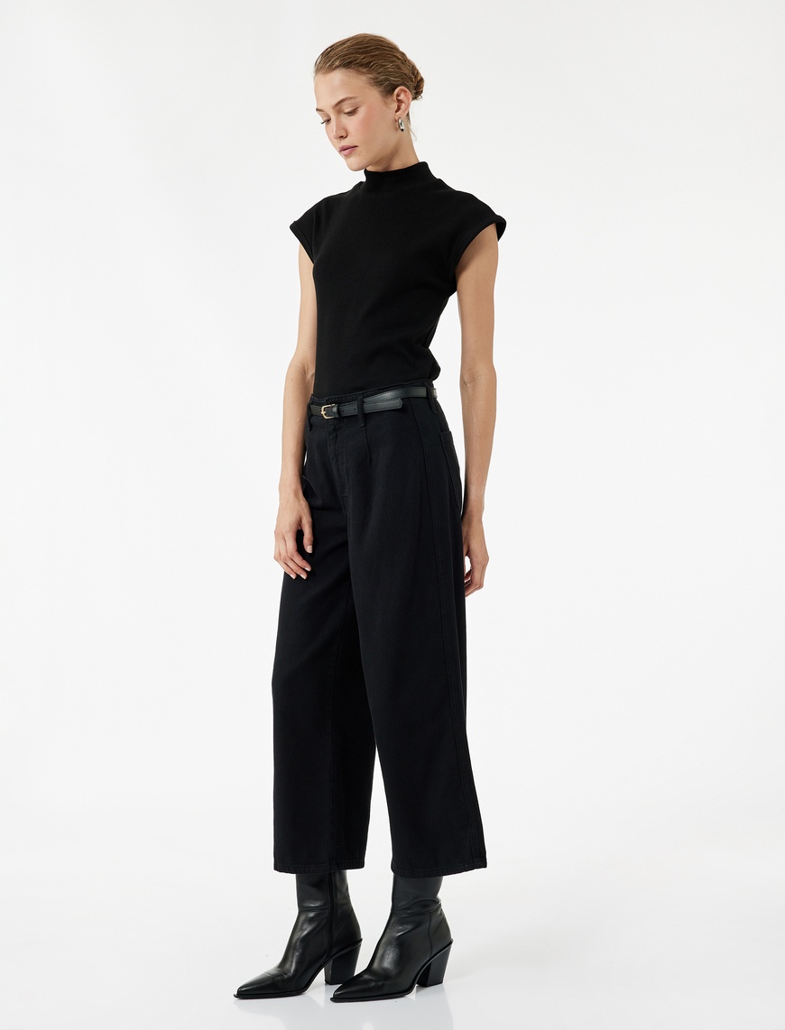   Pamuklu Geniş Paça Kemerli Crop Pantolon - Wide Leg Jeans