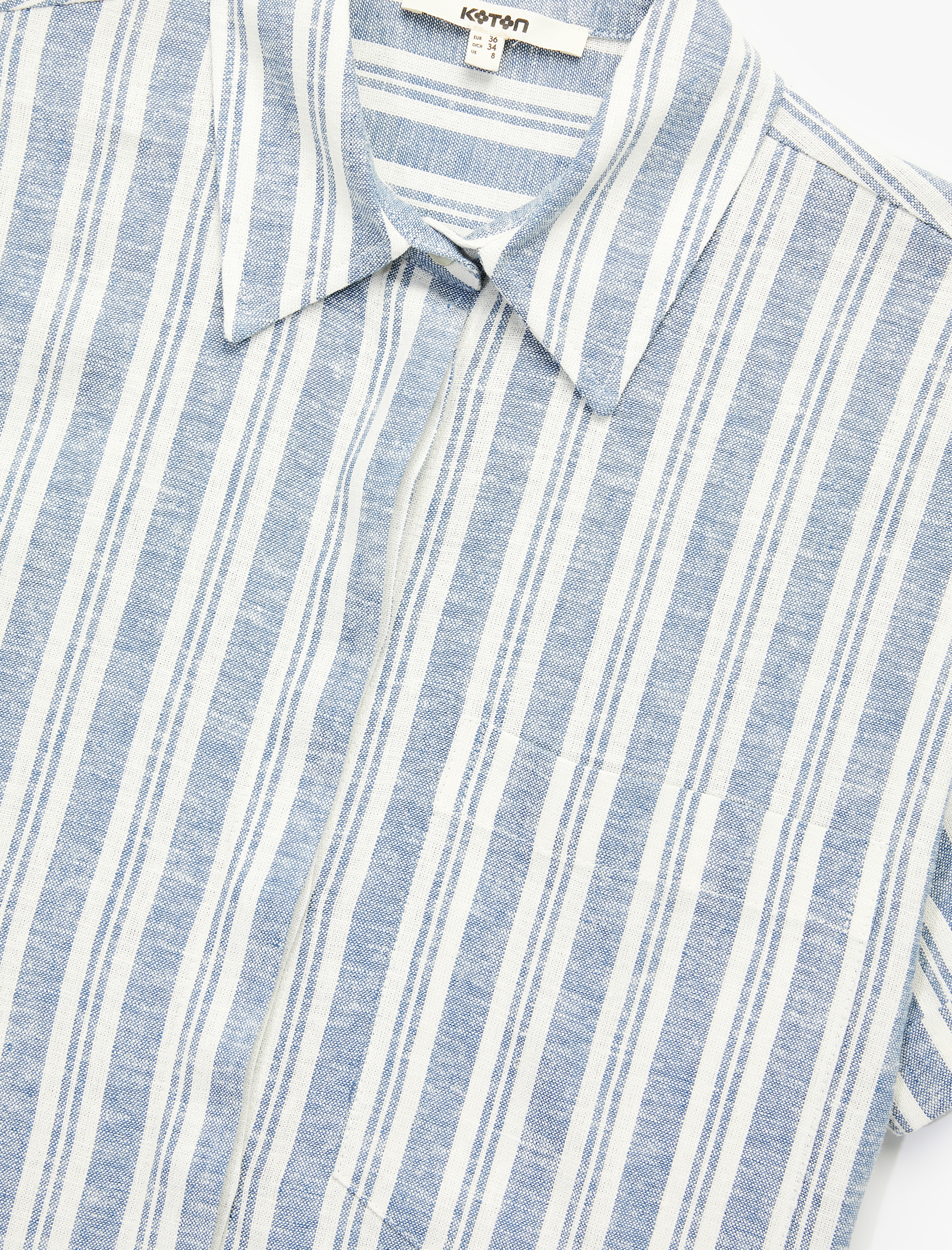   Regular Fit Kısa Kollu Düğmeli Cepli Çizgili Keten Gömlek