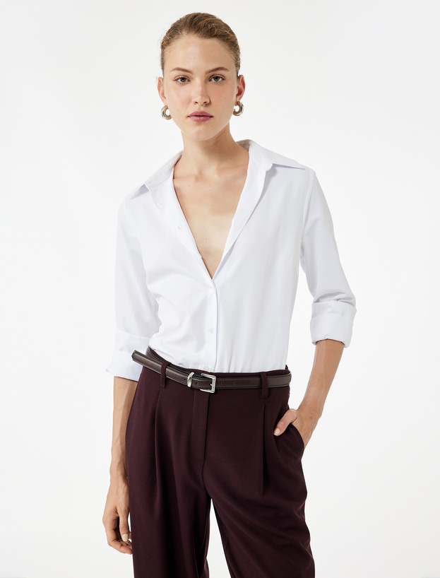 Düğmeli Uzun Kollu Regular Fit Poplin Gömlek_0