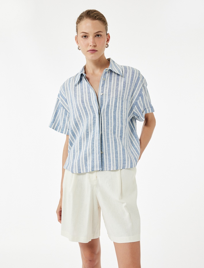  Regular Fit Kısa Kollu Düğmeli Cepli Çizgili Keten Gömlek