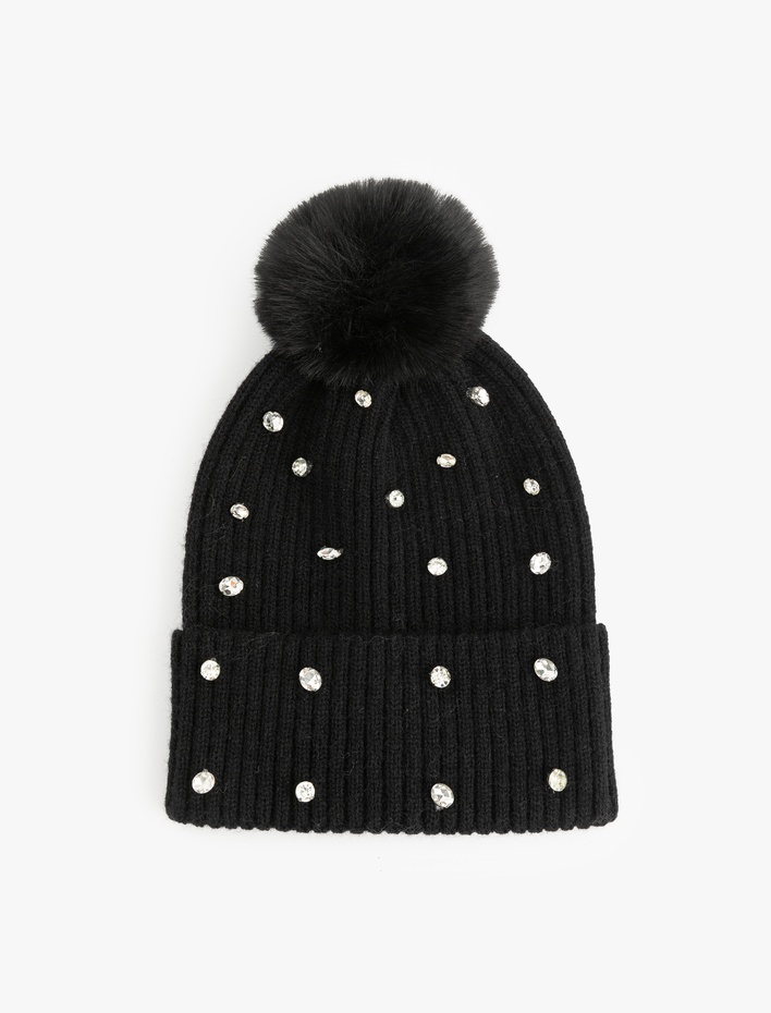 Kadın Suni Peluş Detaylı Taşlı Triko Bere