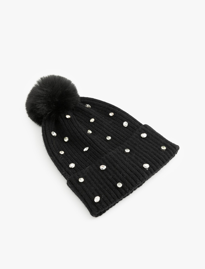 Kadın Suni Peluş Detaylı Taşlı Triko Bere