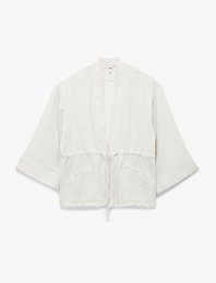 Uzun Kollu Cepli Beli Bağcık Detaylı Kruvaze Kimono