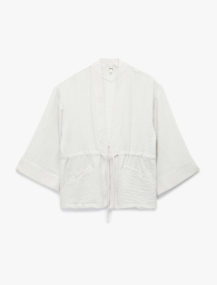  Uzun Kollu Cepli Beli Bağcık Detaylı Kruvaze Kimono