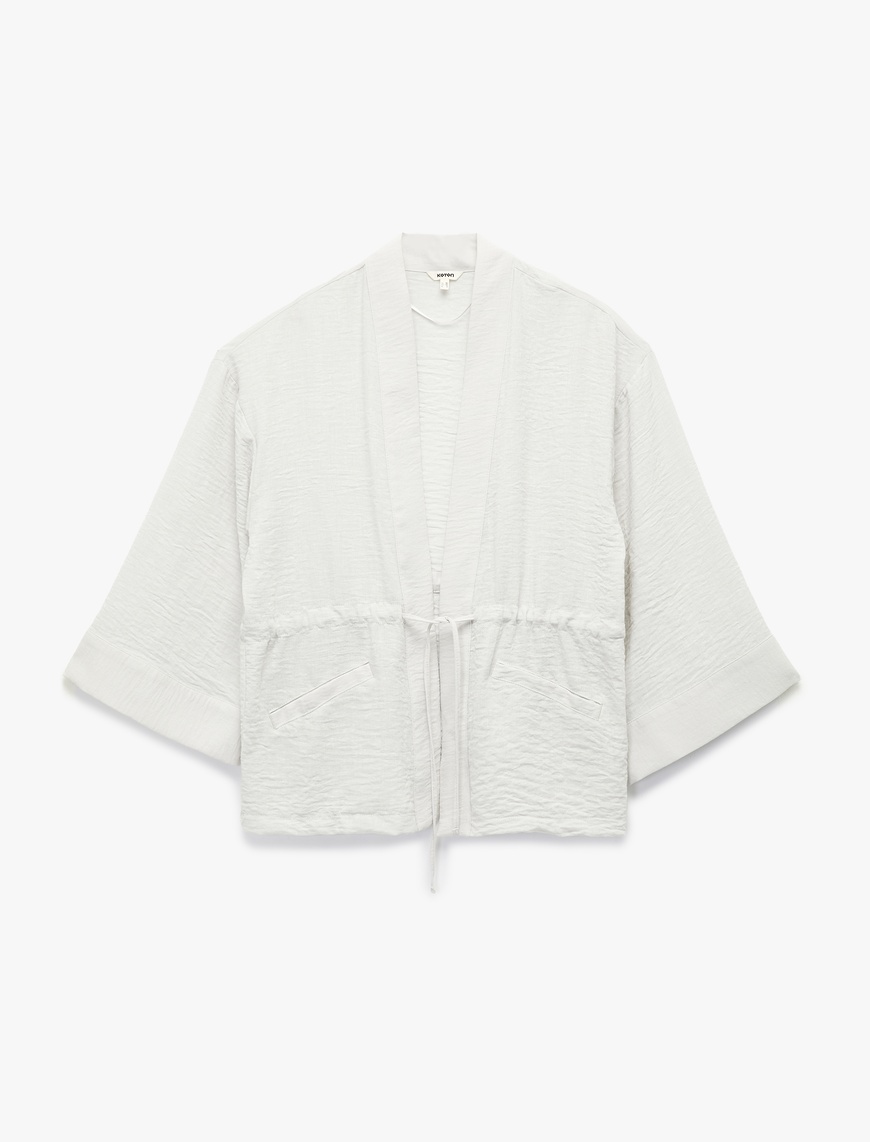   Uzun Kollu Cepli Beli Bağcık Detaylı Kruvaze Kimono