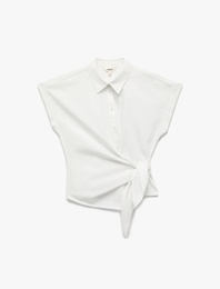 Slim Fit Kolsuz Önden Bağlama Detaylı Poplin Gömlek