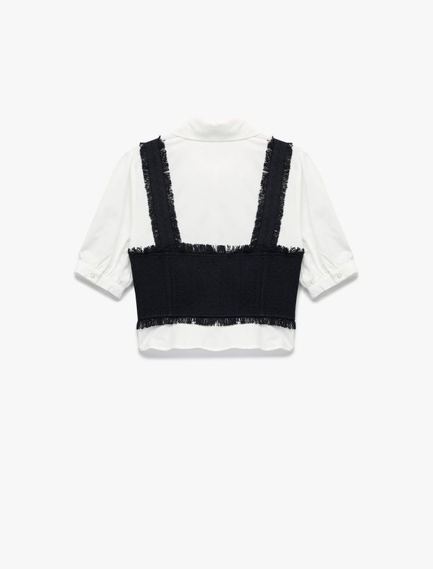 Slim Fit Kısa Balon Kollu Düğmeli Gömlek Yaka Tüvit Dokulu Crop Bluz_1