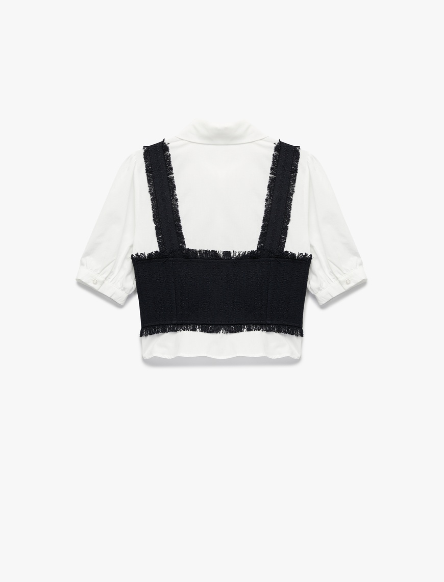   Slim Fit Kısa Balon Kollu Düğmeli Gömlek Yaka Tüvit Dokulu Crop Bluz