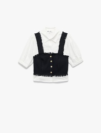 Slim Fit Kısa Balon Kollu Düğmeli Gömlek Yaka Tüvit Dokulu Crop Bluz