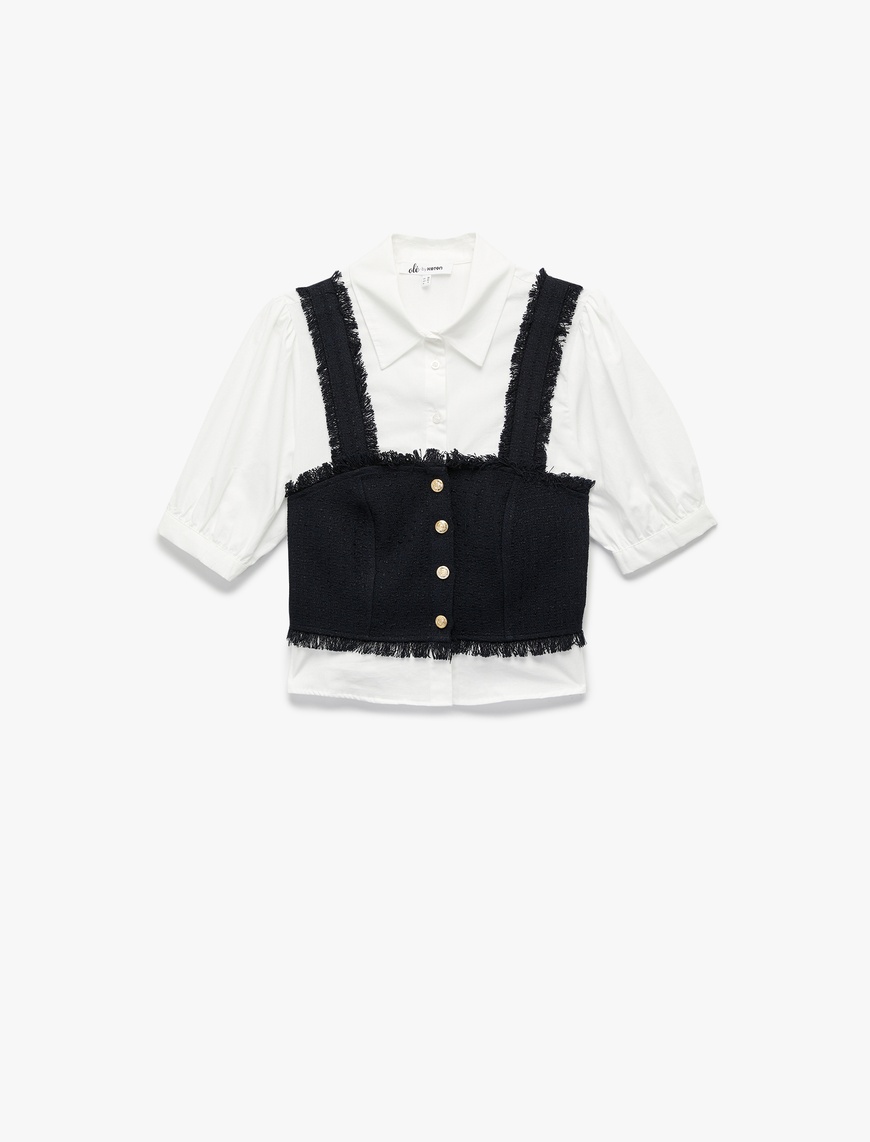   Slim Fit Kısa Balon Kollu Düğmeli Gömlek Yaka Tüvit Dokulu Crop Bluz