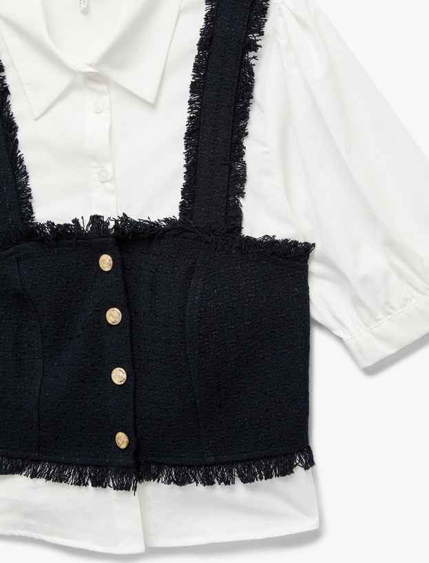 Slim Fit Kısa Balon Kollu Düğmeli Gömlek Yaka Tüvit Dokulu Crop Bluz_2