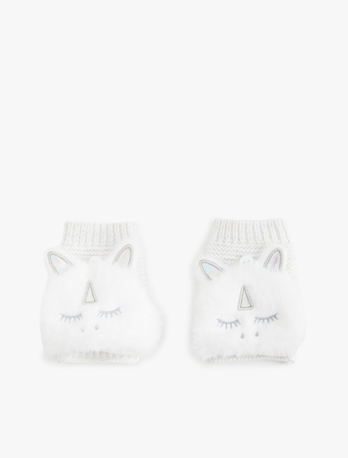 Kız Çocuk Peluş Detaylı Unicornlu Örgü Eldiven