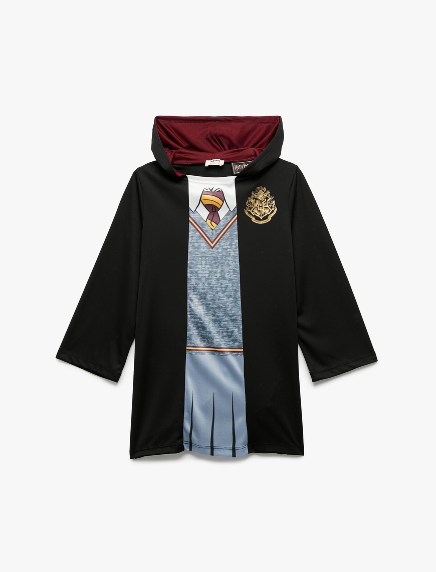  Kız Çocuk Harry Potter Kostüm Elbise Lisanslı Kapşonlu Baskı Detaylı Uzun Kollu
