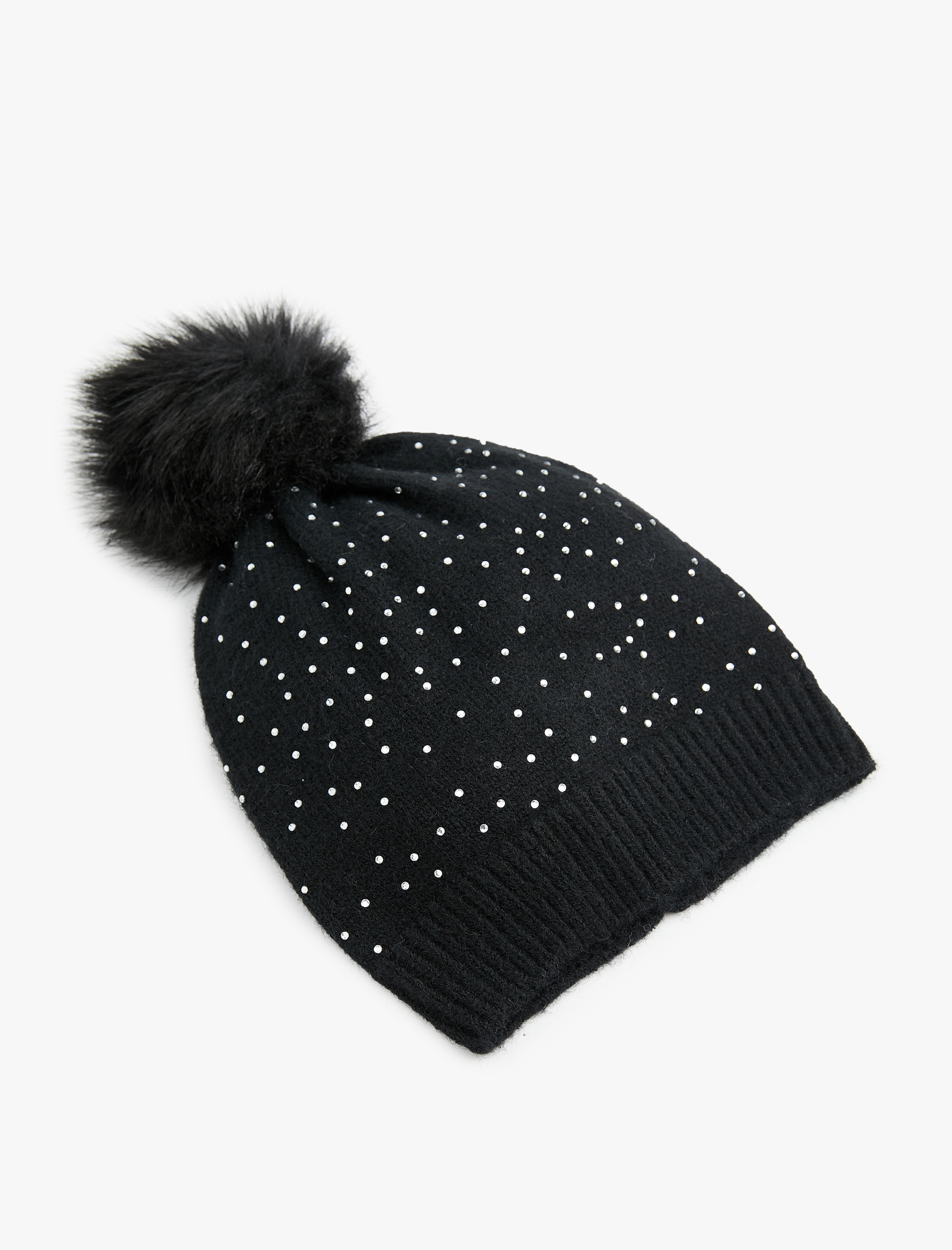  Kadın Ponpon Detaylı Katlı Triko Taşlı Bere