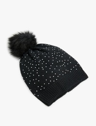 Ponpon Detaylı Katlı Triko Taşlı Bere