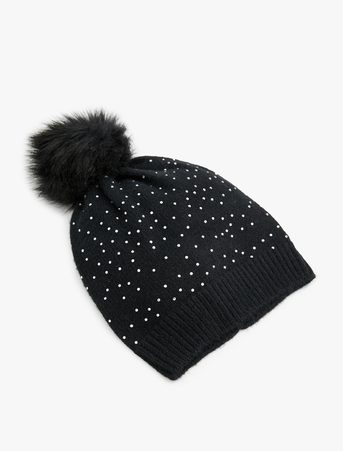 Kadın Ponpon Detaylı Katlı Triko Taşlı Bere