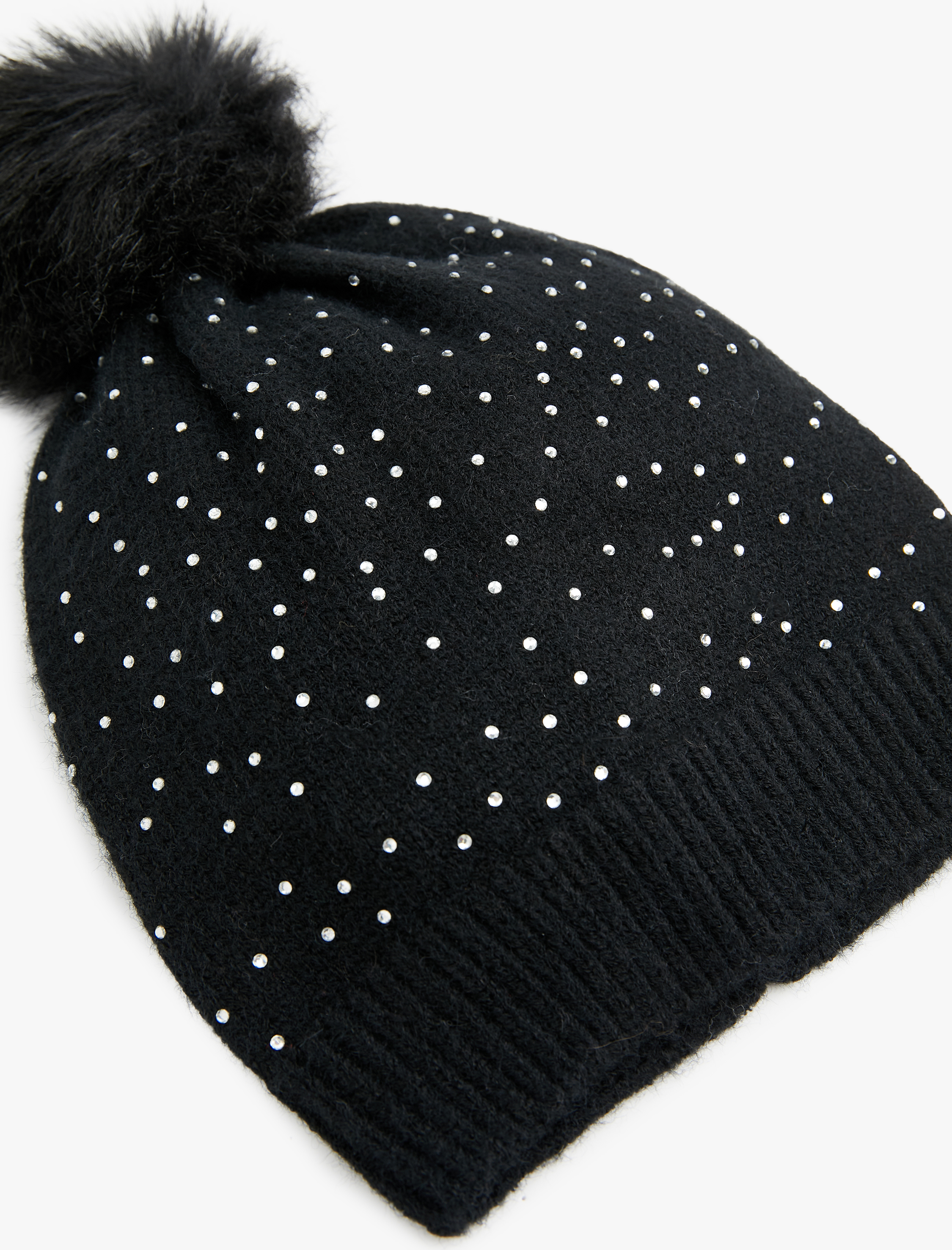  Kadın Ponpon Detaylı Katlı Triko Taşlı Bere