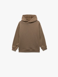Oversize Şardonlu Uzun Kollu Basic Kapşonlu Sweatshirt