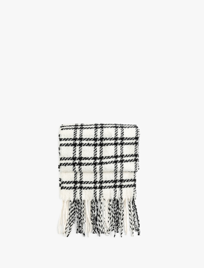 Kadın Kareli Püsküllü Yumuşak Dokulu Uzun Atkı