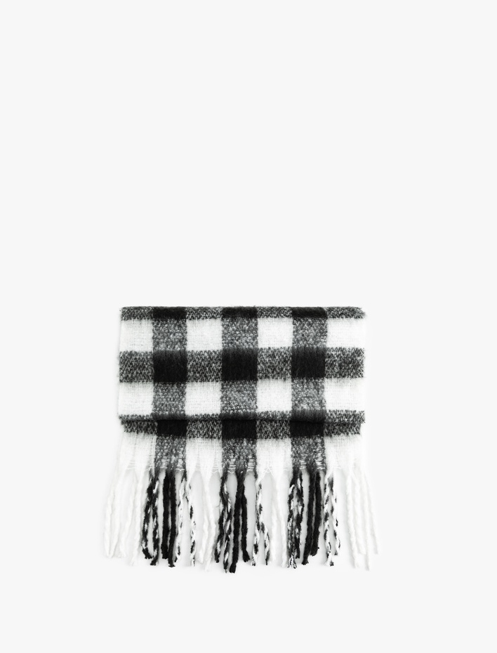 Kadın Yumuşak Dokulu Püsküllü Ekoseli Uzun Atkı